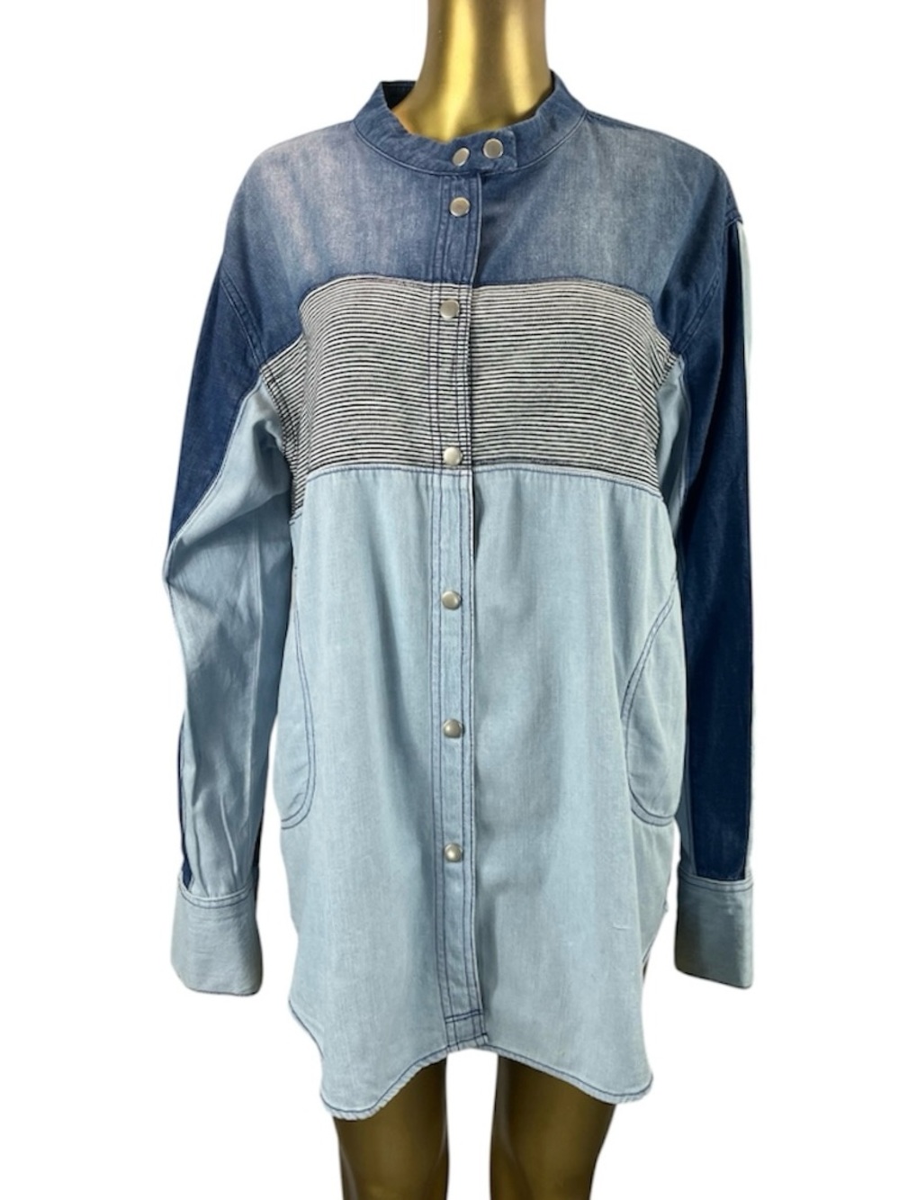 Free People We The Free Denim Moto Colorblock Snap Button Shirt Shacket Jacket M